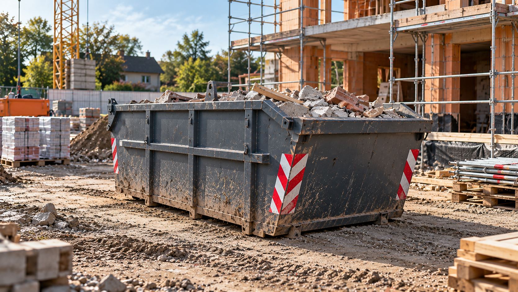 robuster bauschuttcontainer auf der baustelle